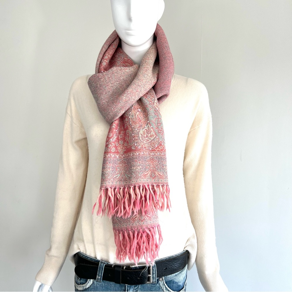100% Pashmina Handmade Pink Turquoise Paisley Crystal Bead Long Wrap Shawl Scarf - Picture 5 of 13